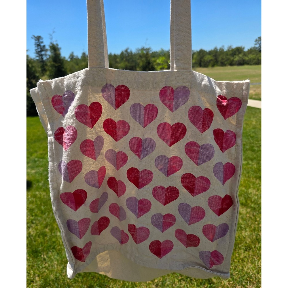 Pink Purple Heart Print Canvas‎ Tote Bag Interior Pockets Cream Reusable Shopper
